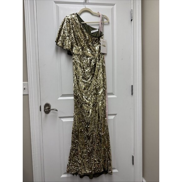 Mac Duggal Size 4 Gold Green 93540 One-Shoulder Sequin Formal Gown Maxi Dress - Picture 4 of 13